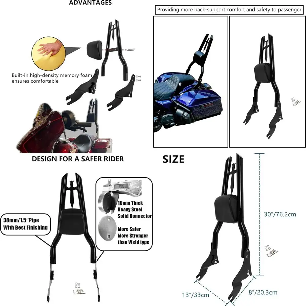 

Motorcycle Detachable 30" Height Sissy Bar Passenger Backrest Rear Pad Compatible for Harley Touring Road King Street Glide Road