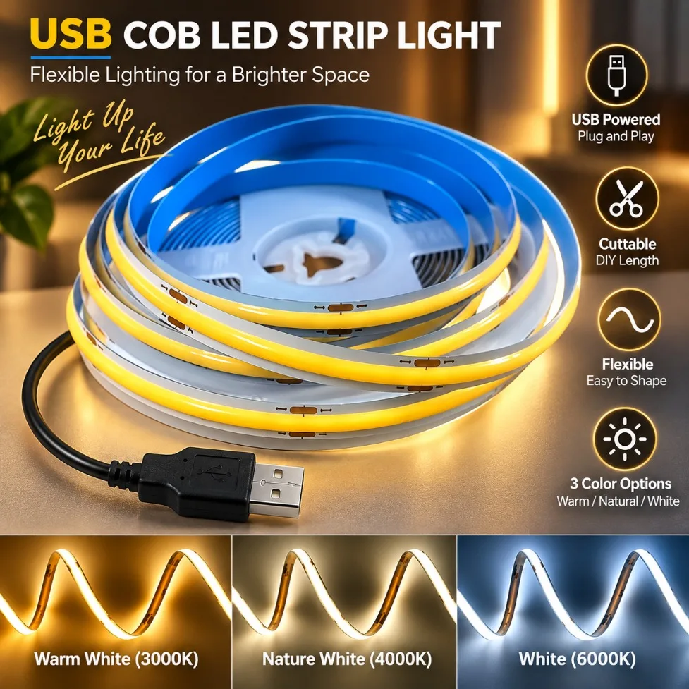 DC5V COB LED Strip Light 320LEDs/m High Density Flexible 3000K 4500K 6500K with USB Plug for TV Backlight Bedroom Home Decor ﻿