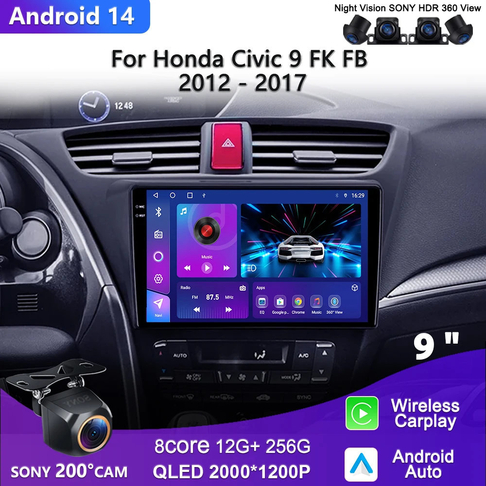 

Android 14 For Honda Civic 9 FK FB 2012 - 2017 Car Radio Multimedia Video Player Navigation stereo GPS No 2din DVD Head Unit