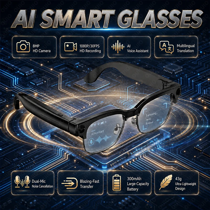 AI Voice Assistant Smart Glasses 1080P/30FPS HD Recording 8MP HD Camera Dual-Mic Noise Cancellation AI Translation Sunglasses