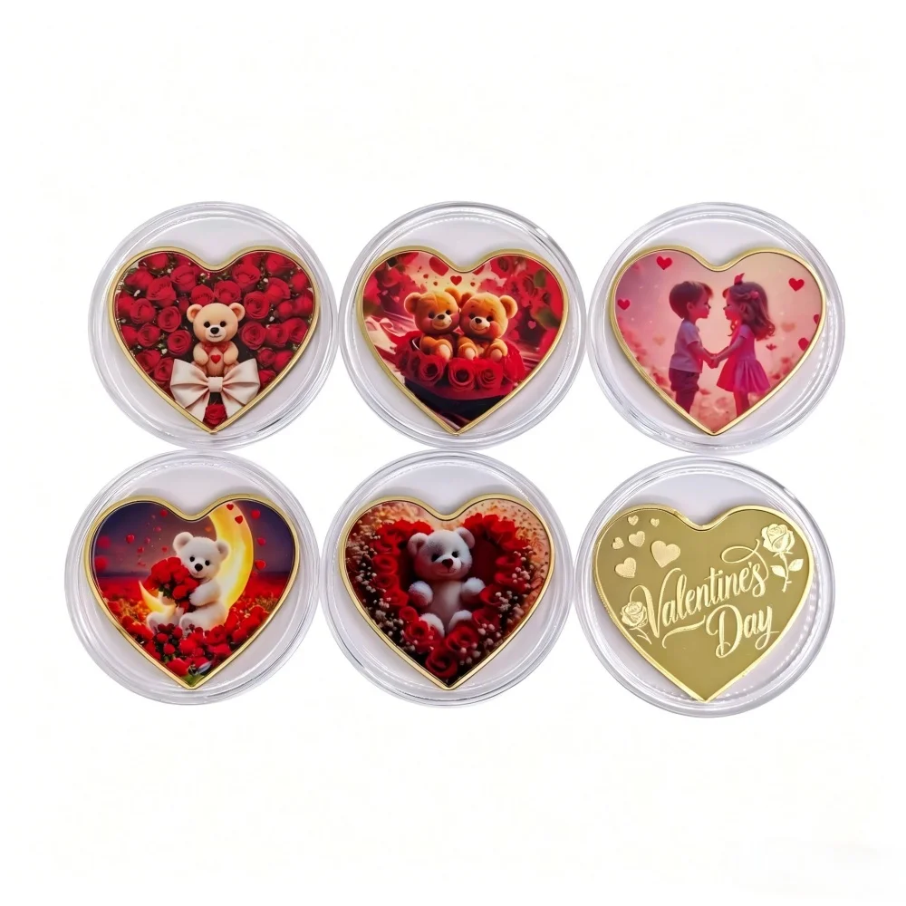 Gold Plated Heart Shaped Valentine Coin Teddy Bear with Roses Color Printed Love Keepsake Gift Valentine's Day Gift
