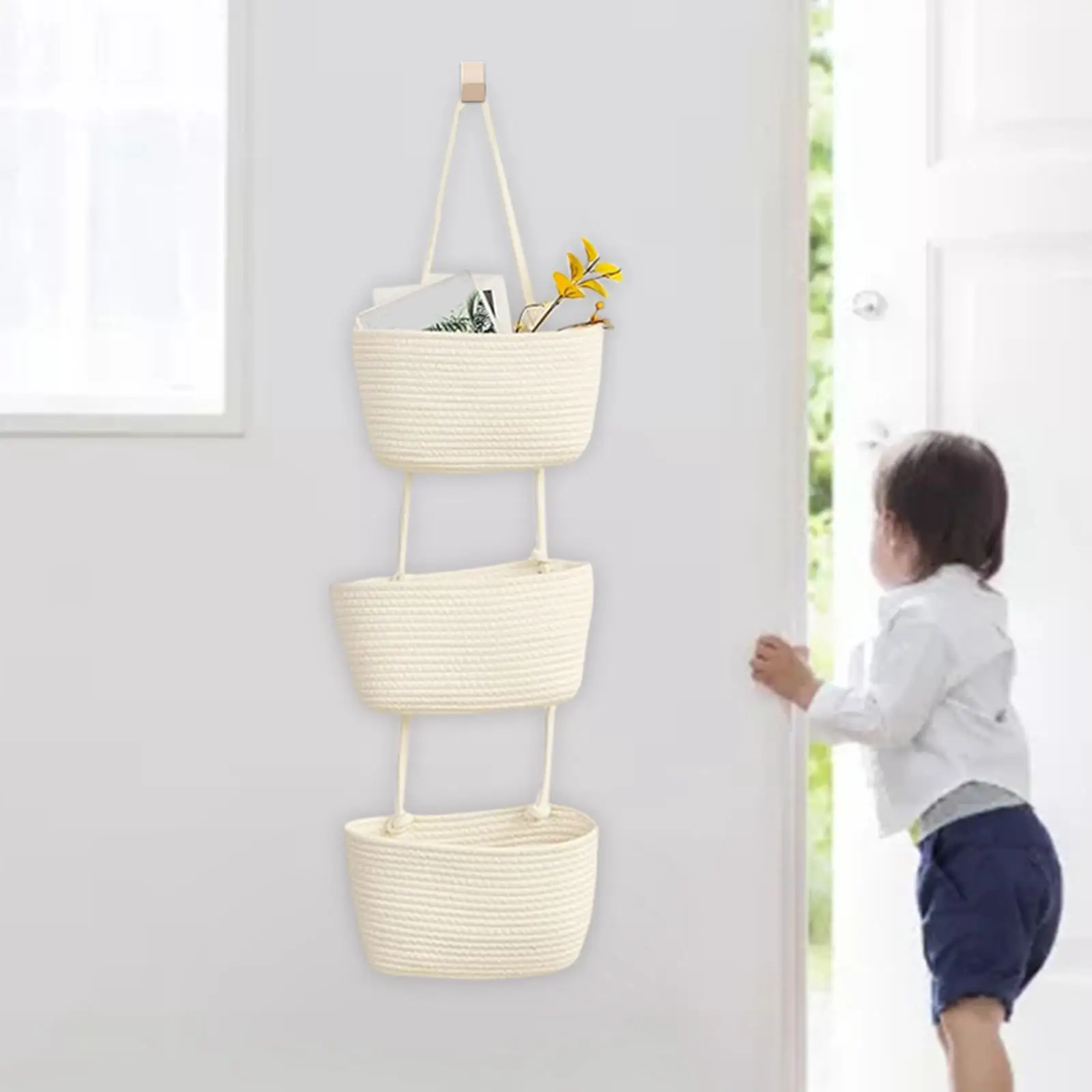 Multifunctional Wall Hanging Basket Cotton Rope over Door Storage 3 Tier Organizer for Home Bathroom Kids Room Toy Rack