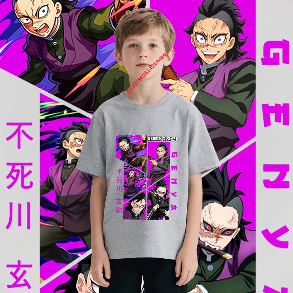 Kimetsu no Yaiba Genya Shinazugawa Camiseta de algodón con estampado de Anime para niños, camiseta de dibujos animados para niños, ropa suave para uso diario
