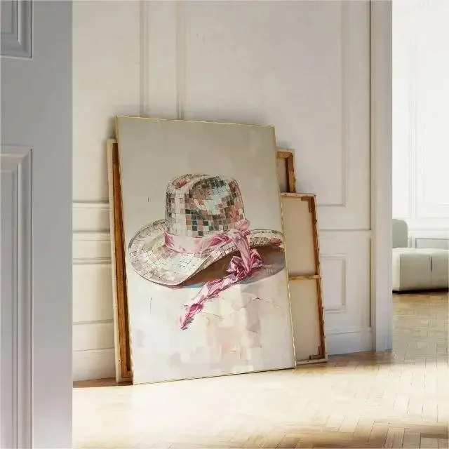 1PC frameless decorative art print,Pink Style Art Poster Cowgirl Hat Disco Ball Dessert Trendy Travel Bow Canvas Painting Wall P - view 4