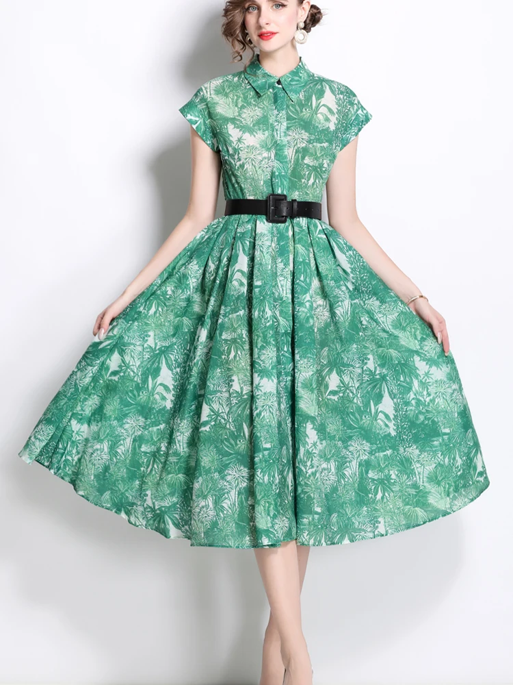 

Retro Printed Shirt Collar Single Breasted Waist Cinched Dress 2025 New Fashionable Summer Women'S Clothing