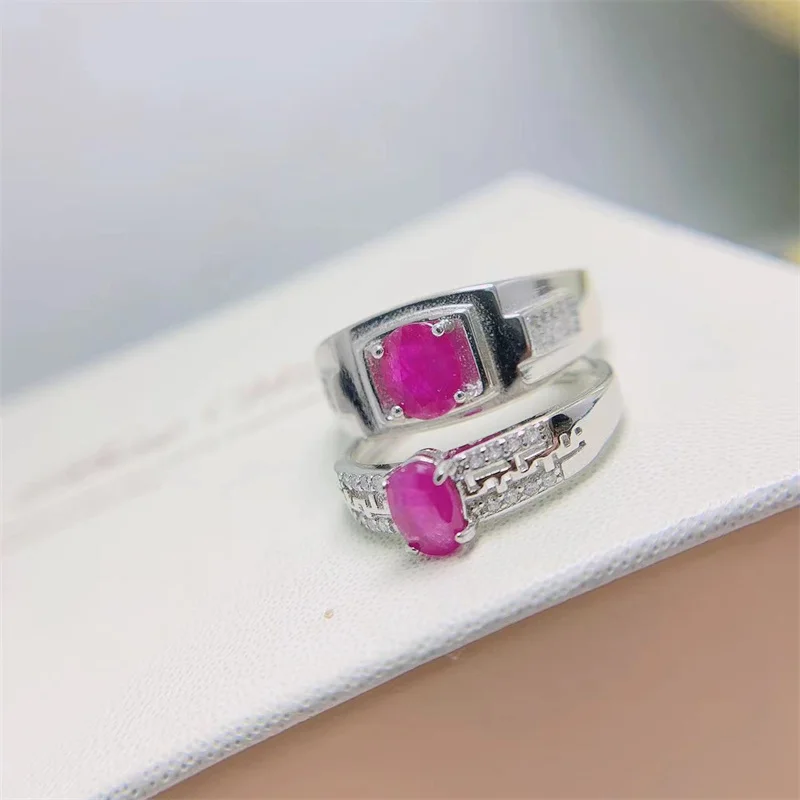 Natural Burmese Ruby Couple Ring 925 Silver Women Men Ring for Female Wedding Engagement Fine Jewelry Gift with Certificate