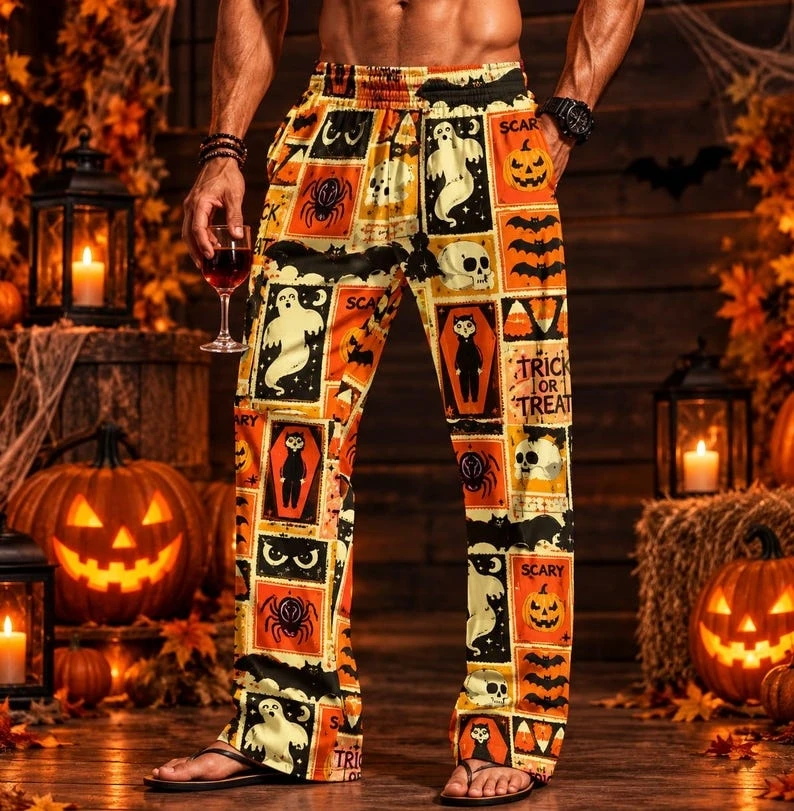 Herren-Halloween-Pyjamahose mit Kürbis-, Fledermaus- und Ahornblattmuster, weite Hose, lässige Herbst- und Urlaubshose, Party- und Loungewear, Schlafhose – Detail 4
