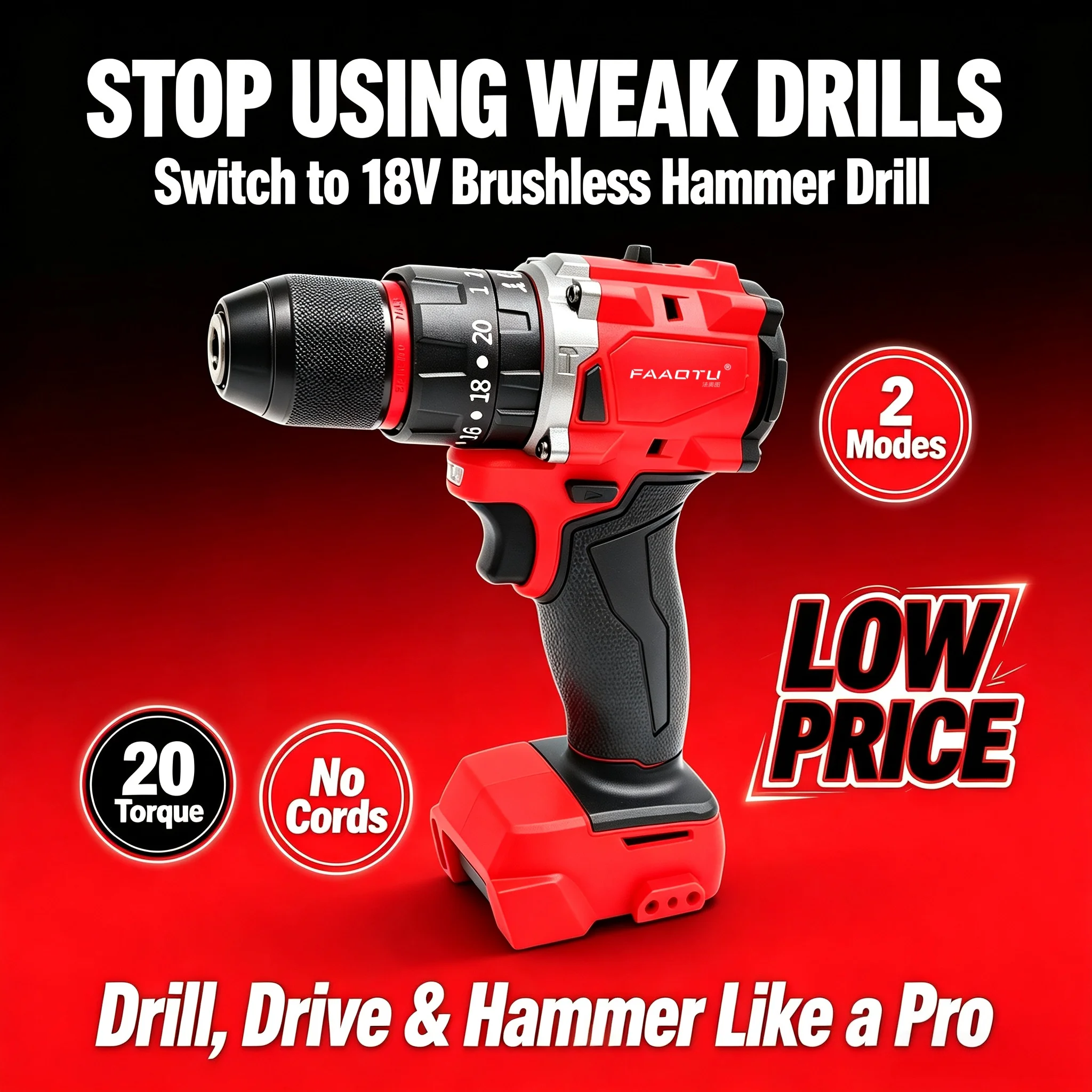 FAAOTU 10mm Brushless Cordless Impact Drill, Rechargeable Electric Screwdriver, Power Tool for Decoration Team Construction Work