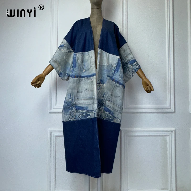 WINYI Kimono Printed denim patchwork wash denim Cardigan maxi Dress eleganckie wakacje pływanie okrycie plażowe Up modna sukienka abaya