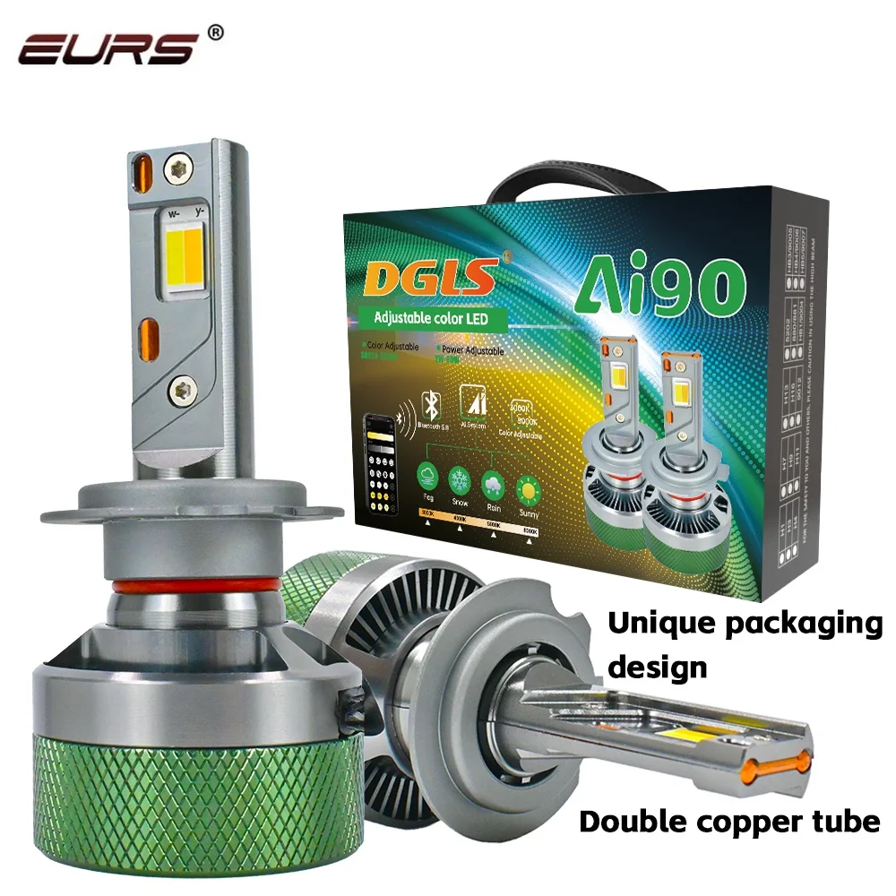EURS H7 LED Headlight AI Mobile APP Control  3000K-8000K Smart LED Chip High Power for H4 H7 9005 9006 Car Accessories