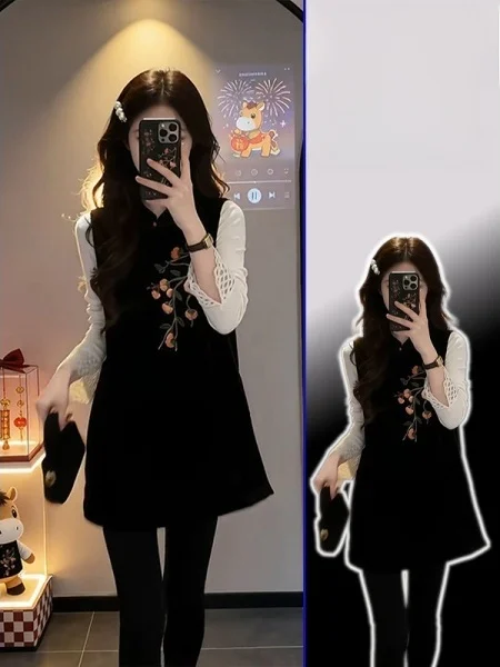 

plus Size Women's Chinese Sle Embroidered Top And Vest Set Long Sve Inner Wear Two Piece Suite Spring Faion Women