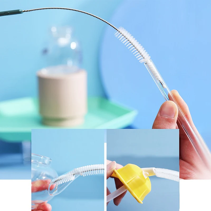 304 Stainless Steel Handle Nylon Hair Straw Cleaning Brush Reusable Bendable Straw Brush Simple Soft Bristle Bottle Cleaner