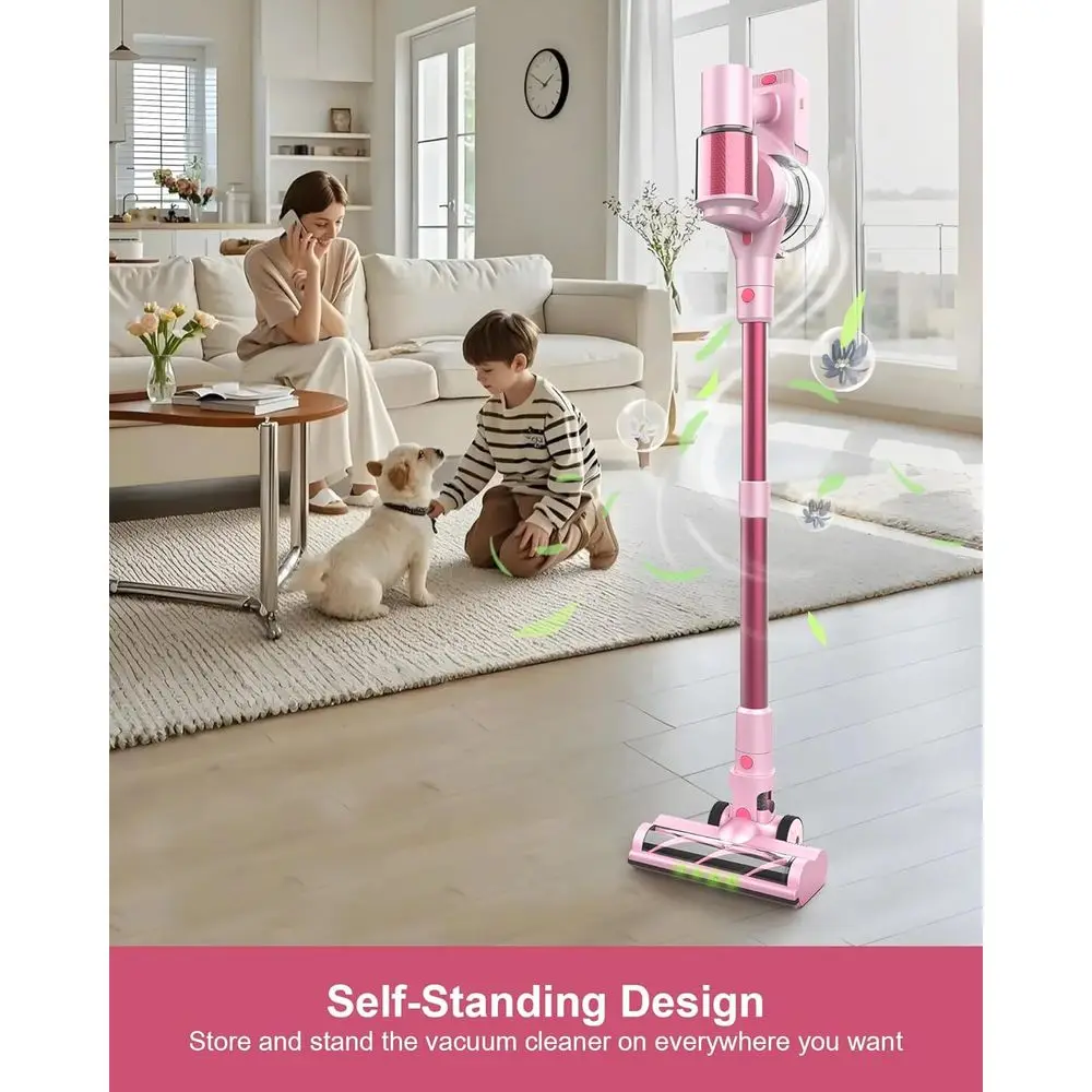 مكنسة كهربائية لاسلكية وردية 550 وات، شفط 45 كيلو باسكال، وقت تشغيل 60 دقيقة، شاشة LED، فرشاة مضادة للتشابك للأرضيات الصلبة والسجاد