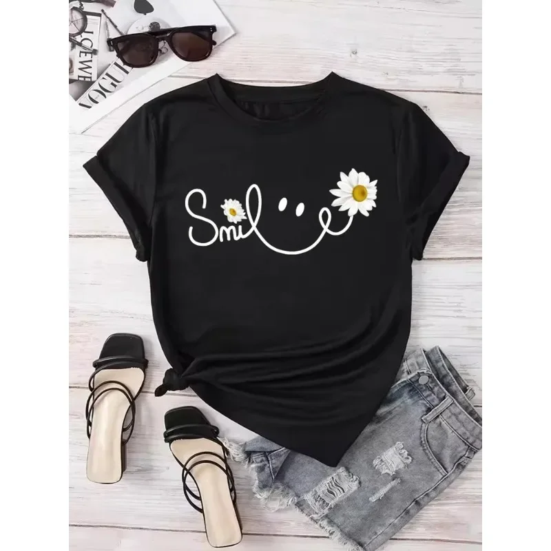 2026 New Summer T-shirt with Letters and Daisy Smile T-shirt for Men and Women Pure Cotton Round Neck T-shirt for Women