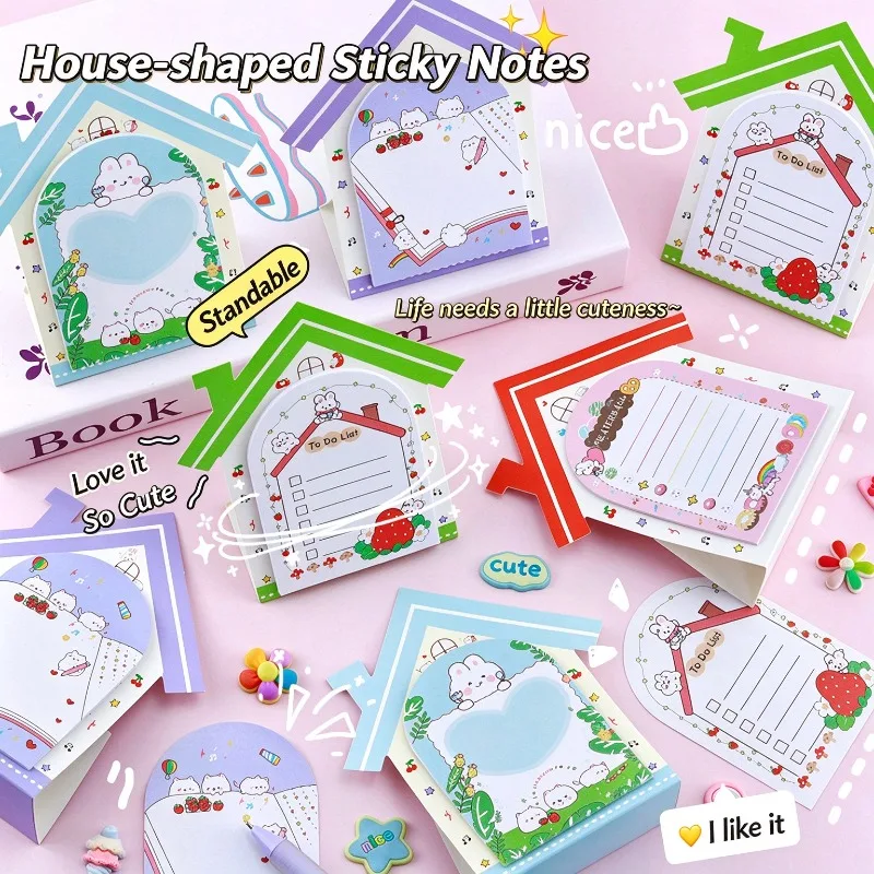 6pcs Kawaii Standable House Shaped Memo Pad 120 Sheets Rabbit To Do List Notepad Desk Decor School Office Journal Stationery