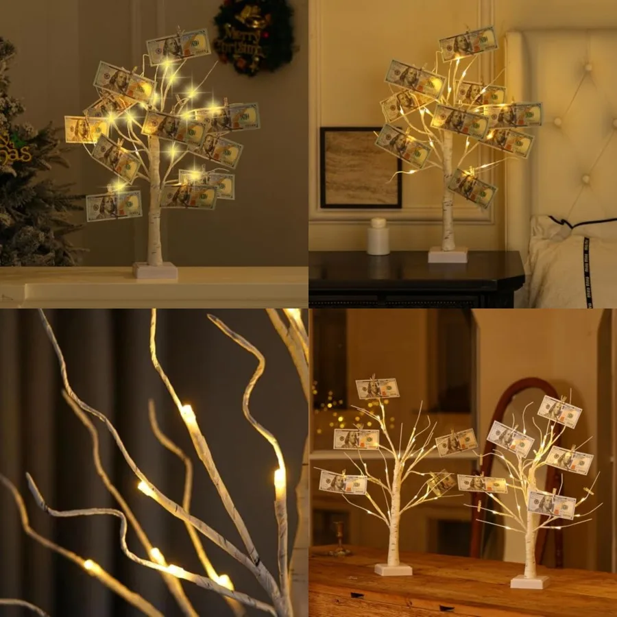 

Pack Money Tree Gift Card Holder LED Birch Twig Tree Lights Battery/USB Powered Light Up Display Twig Gift Card Trees with Clea