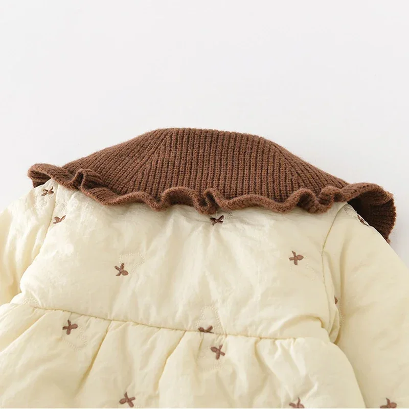 2025 الوليد 0-2Y طفلة الشتاء رومبير Bowknot المطرزة سميكة الصوف بذلة الحلو قطعة واحدة الزي