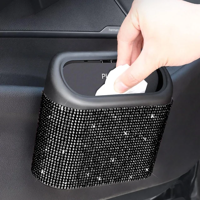 1707-0ed32b.png Papelera para coche con incrustaciones de diamantes de imitación artificiales y 60 bolsas de basura especiales, caja de almacenamiento colgante para el interior del coche con tapa automática, accesorio multifuncional para el coche.