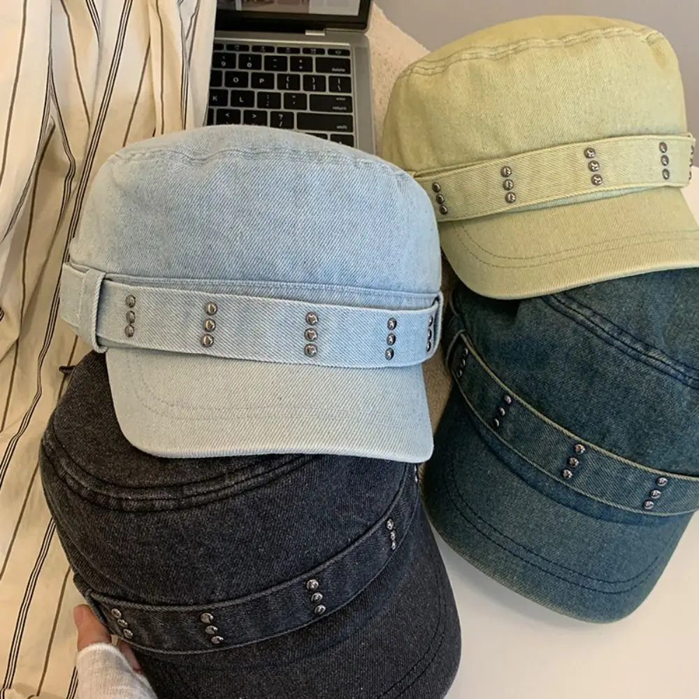 Lässige Flachkappe mit Nieten, Y2k, aus gewaschenem Denim, mit Schirm, Gothic-Visier, Kadettenkappe, für Herren und Damen – Detail 6
