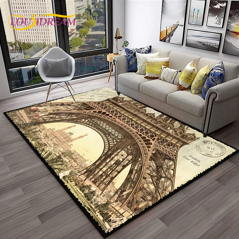 France Paris Eiffel Tower Retro Carpet Rug for Home Living Room Bedroom Sofa Doormat Decor,Kids Play Area Rug Non-slip Floor Mat