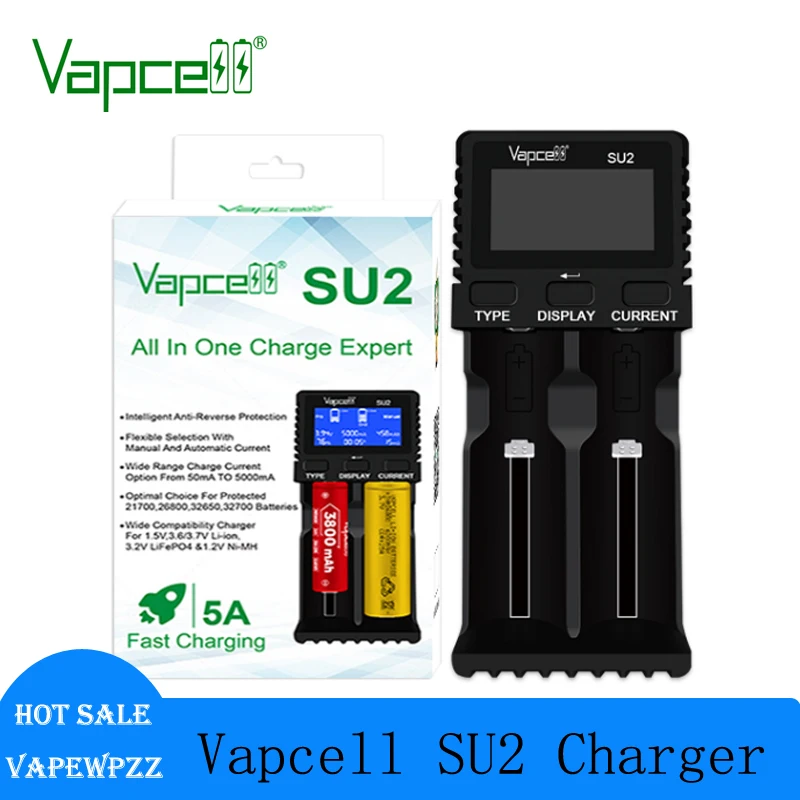 New Original Vapcell SU2 Smart Fast Charger 12V 2.5A 2 Slots LCD Display Charger for 18650 21700 26800 32700 Lithium Battery