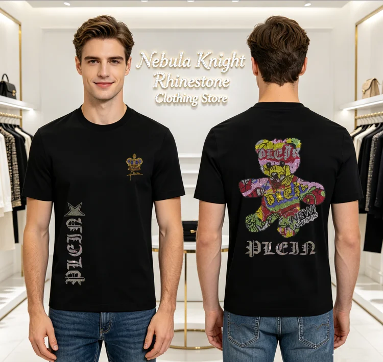 Men's Summer Rhinestone Cotton T-Shirt Short Sleeve Soft round Neck Casual Daily Walking Top