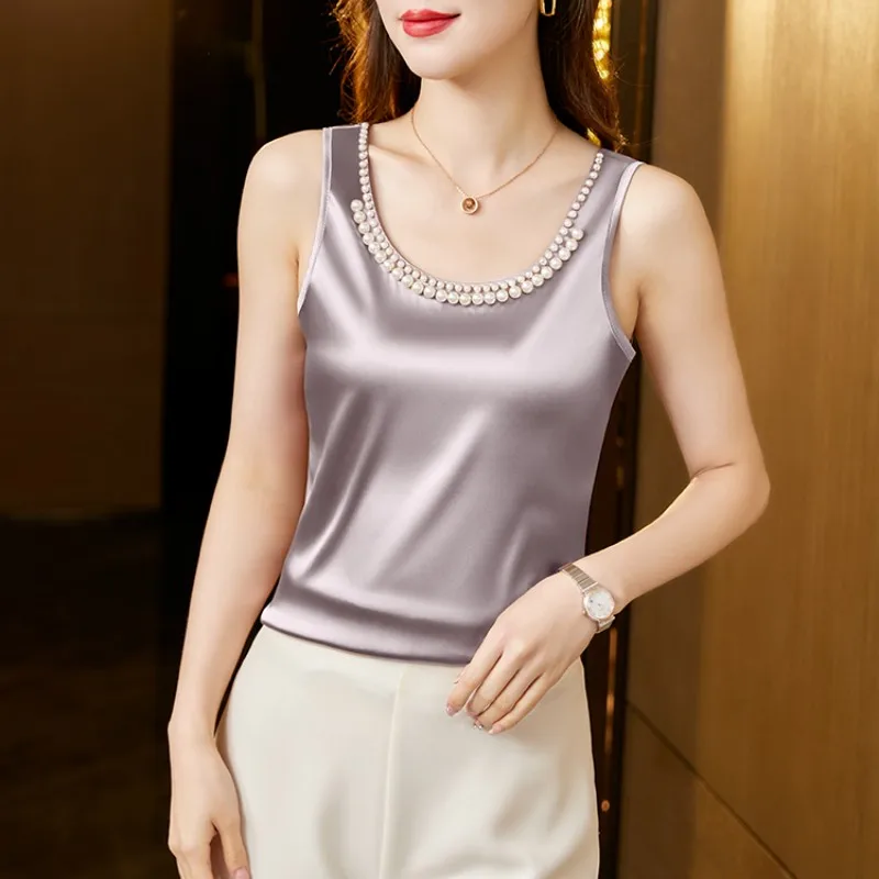 Satin Blouse Women Pearl Elegant Blouses Silk Womens Tops Suit Bottom Shirt Female Clothing M-4XL Shirts and Blouses Ladies Tops