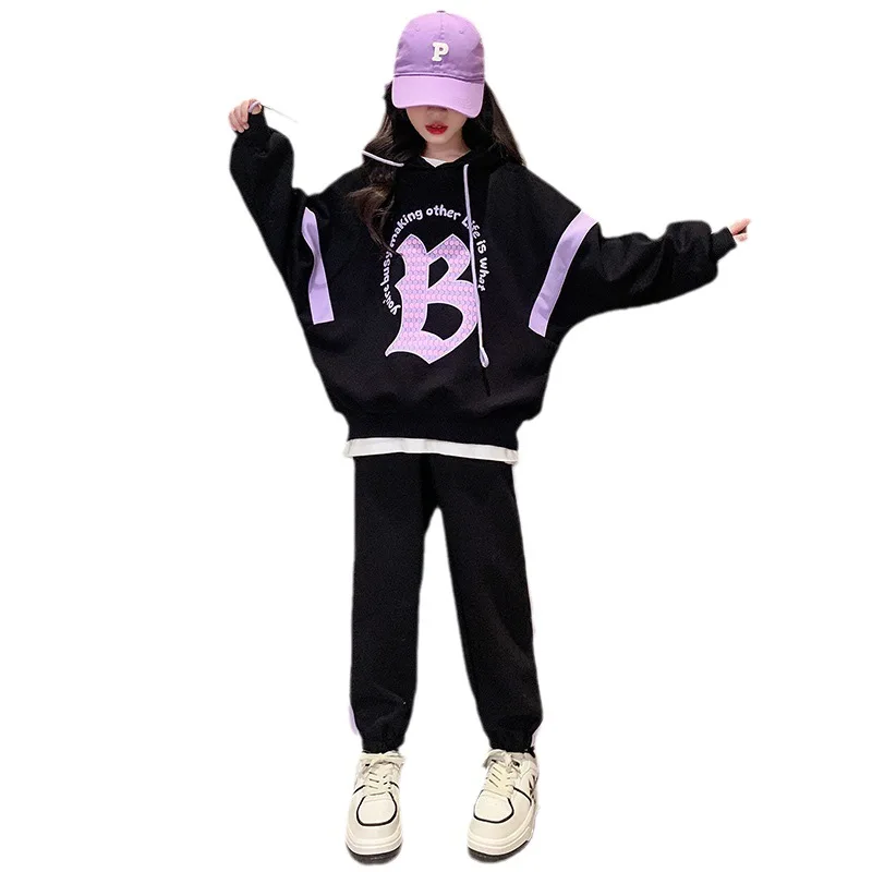 Girls Suit Long-sleeved Sweater with Hood + Trousers Two-piece Suit Fashionable Loose Harem Pants Suit Outer Wear Casual Simple