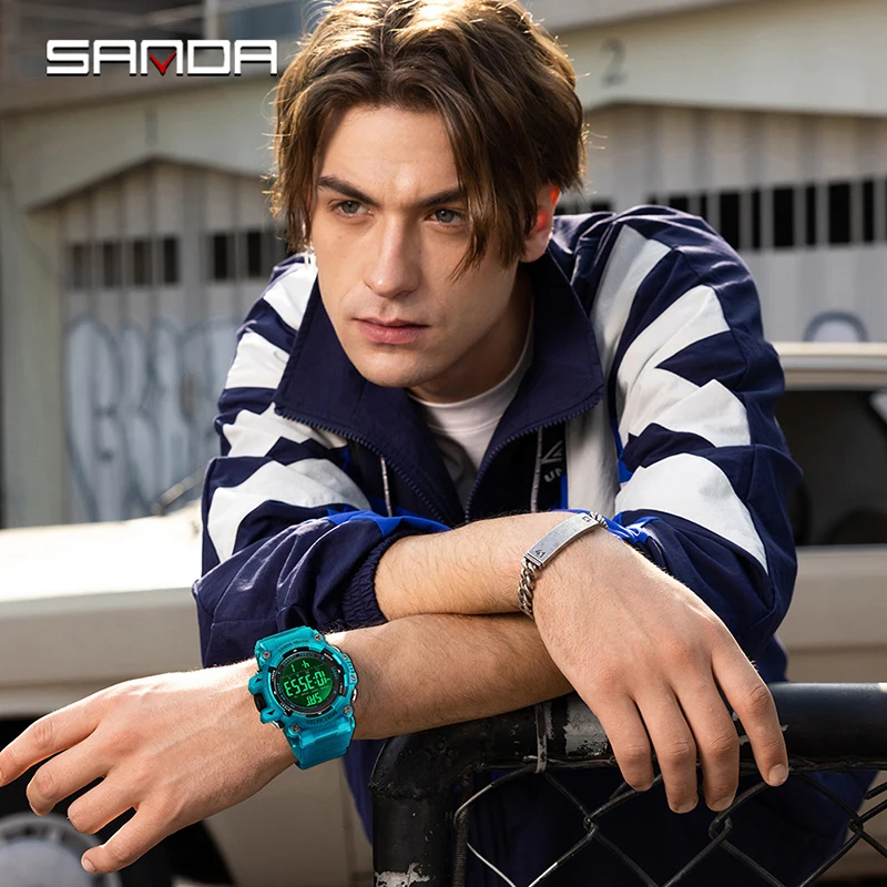 SANDA ファッション新しいメンズスポーツ電子時計 LED 発光アナログデジタルカウントダウン目覚まし時計学生電子腕時計