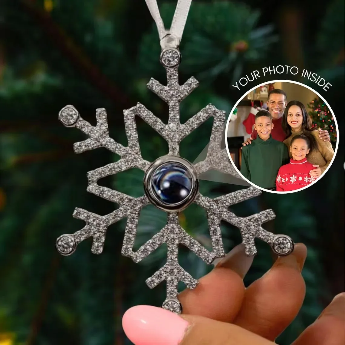 Personalized Christmas Charm Snowflake Projection Photo Ornament Custom Picture Pendant Ribbon Valentine's Day Memorial Gift