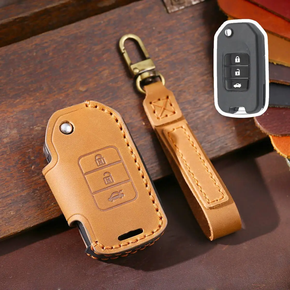 For Honda Civic Folding 3 Button Fob Protector Holder Retro Crazy Horse Leather Car Key Cover Case Remote Keyring Protective Bag