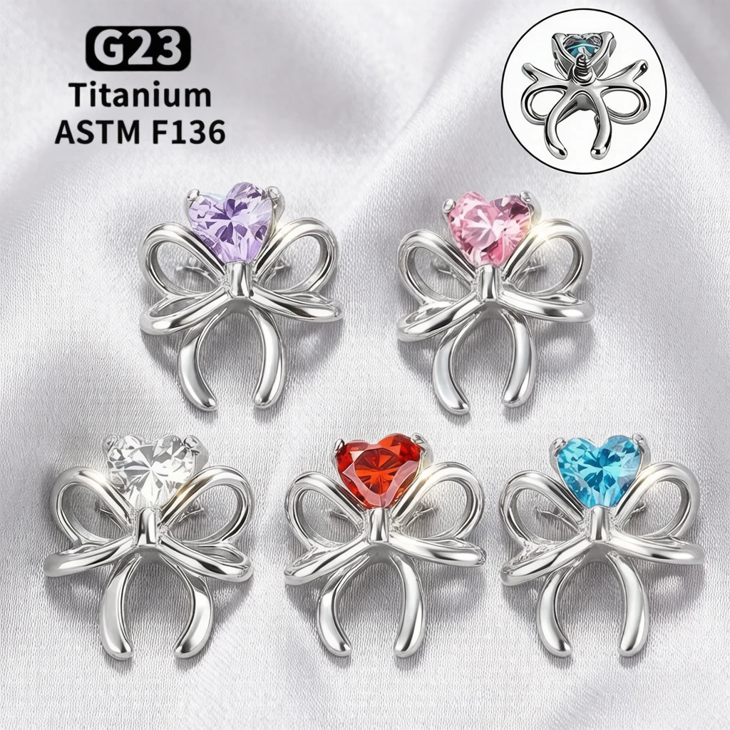 G23 Titanium Bowknot Shape Labret Lip Ring Cartilage Stud Earring 16G Internally Threaded Lobe Helix Conch Piercing Body Jewelry