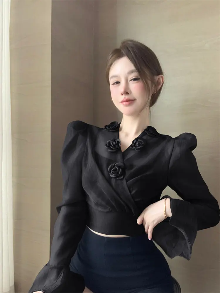 French Retro Three-dimensional Flower Lace-up Waist Shirt Early Autumn Mesh Versatile Chic Top for Women