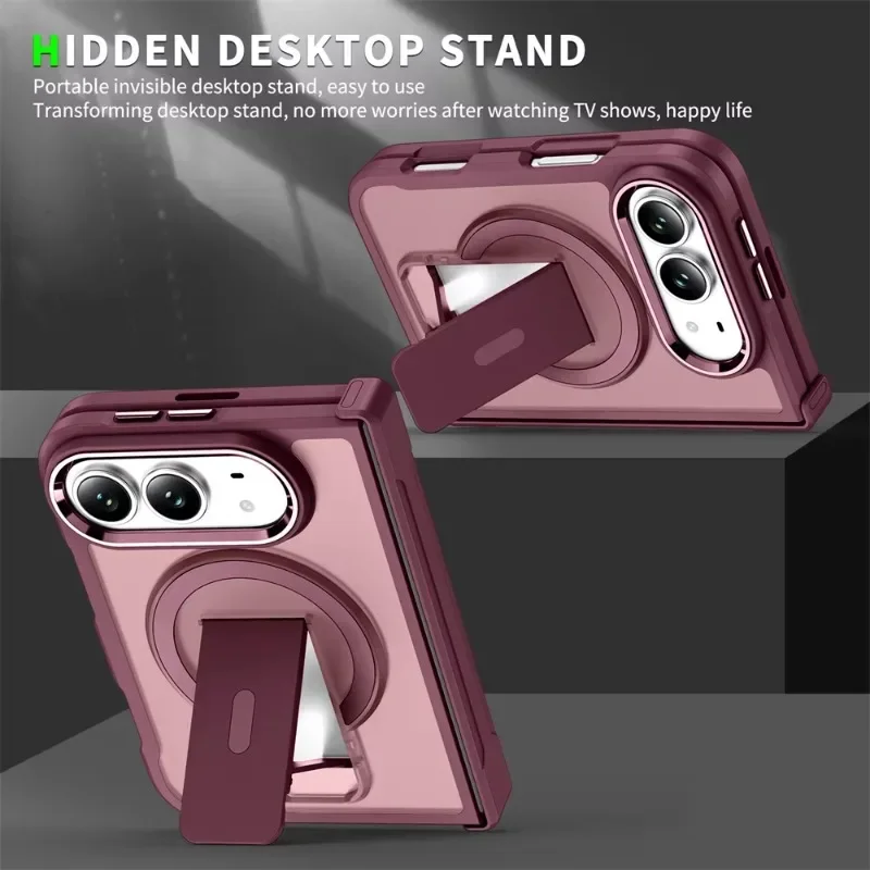Folding Holder Magnetic Wireless Charging Phone Case for IPhone Duo Hinge Protection Shockproof Armor Frosted Translucent Cover