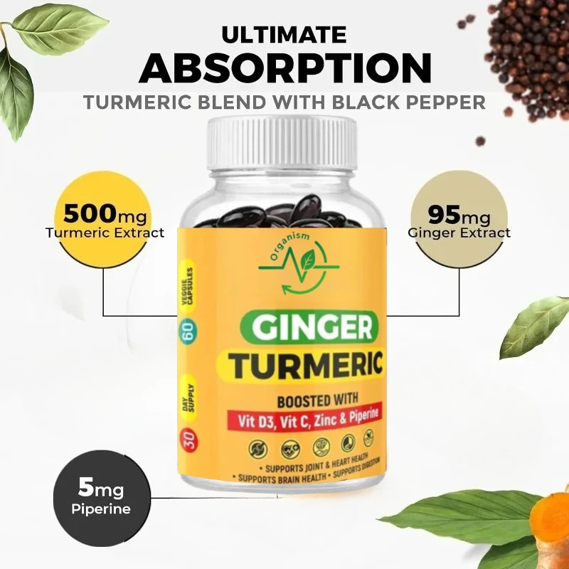 Suplemento de cúrcuma de 60 cápsulas con piperina y curcumina de zinc y vitamina para soporte de salud inmune de la piel intestinal articular