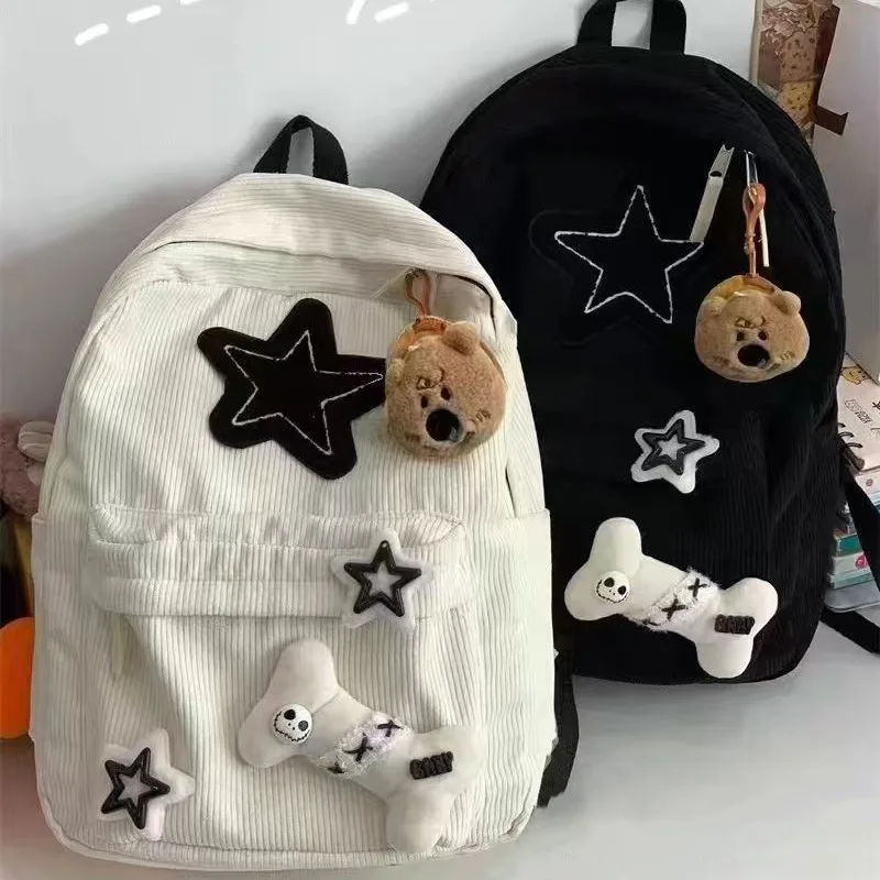 

Teen Student Large Capacity School Bookbag Y2K Girls Star Pattern Laptop Backpack Corduroy Rucksack Double Strap Shoulder Bag