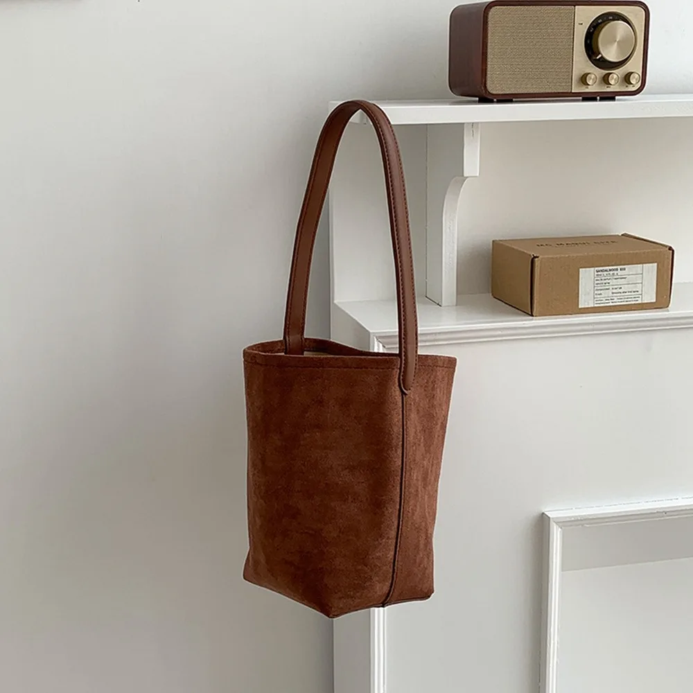 

Fashion Vintage Suede Bucket Bag Pure Color Handbag Matte Pu Leather Shoulder Bag Fashion Cute Underarm Bag Ladies