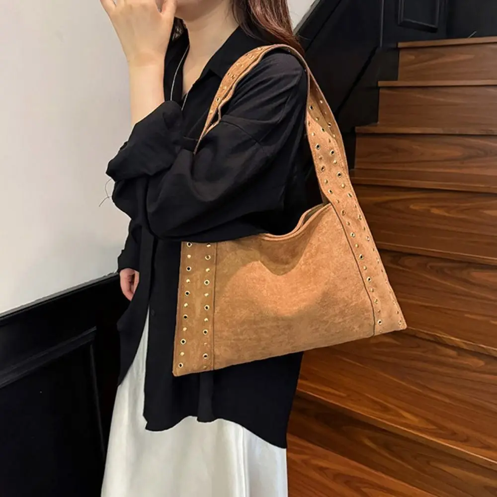 

PU Leather Suede Rivet Shoulder Bags Retro American Style Fashion Design Locomotive Style Underarm Bag Korean Style Solid Color