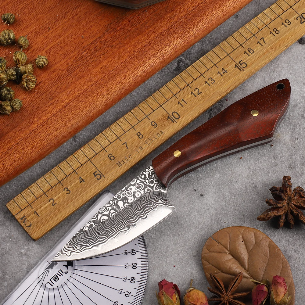 

New Damascus Blade Sandalwood Handle Fishing Survival Kitchen Household Meat Cutting Fruit Knife EDC Tool