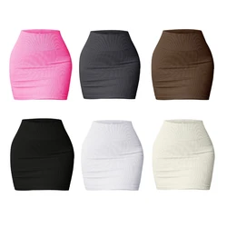 Women's Basic High Waist Stretchy Tube Pencil Mini Skirt Summer Ribbed Knit Short Bodycon Skirt