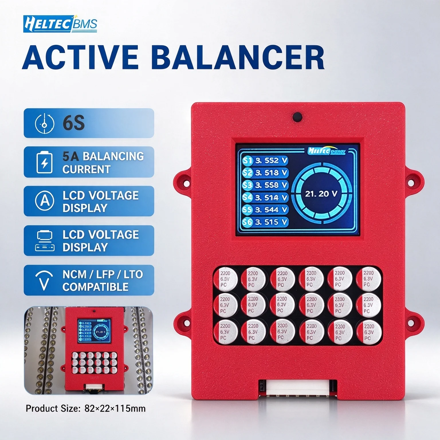 Heltec DS1004C 6S 5A Active Balancer With LCD Display Lithium Battery Equalizer For NCM LFP LTO Battery Pack Voltage Tester Auto Sleep Protection