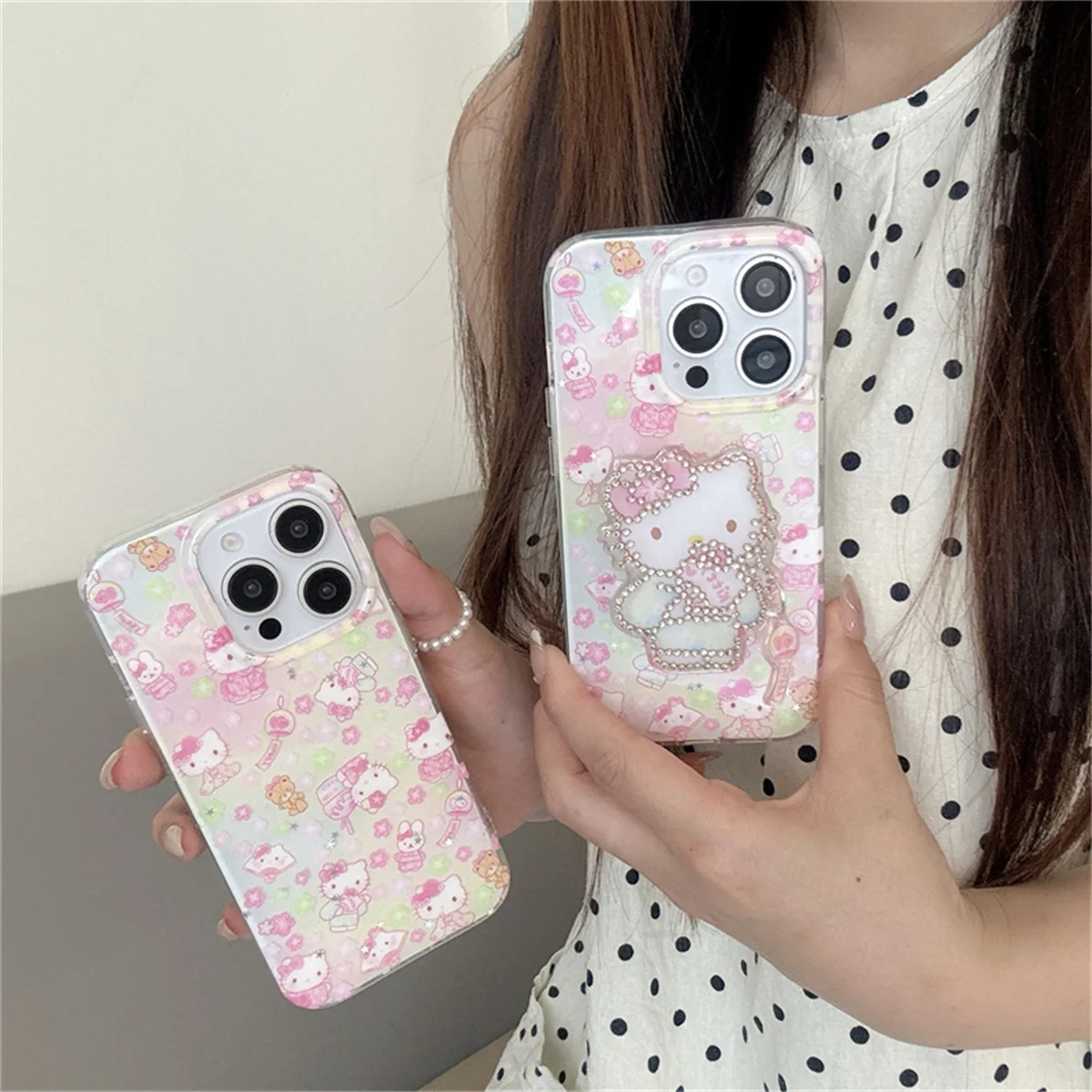 

Korean Pink Cute Flower Hello Kitty Phone Case For iPhone 16 Pro 15 13 14 Pro Max Cover with Stand Holder Shockproof Cases