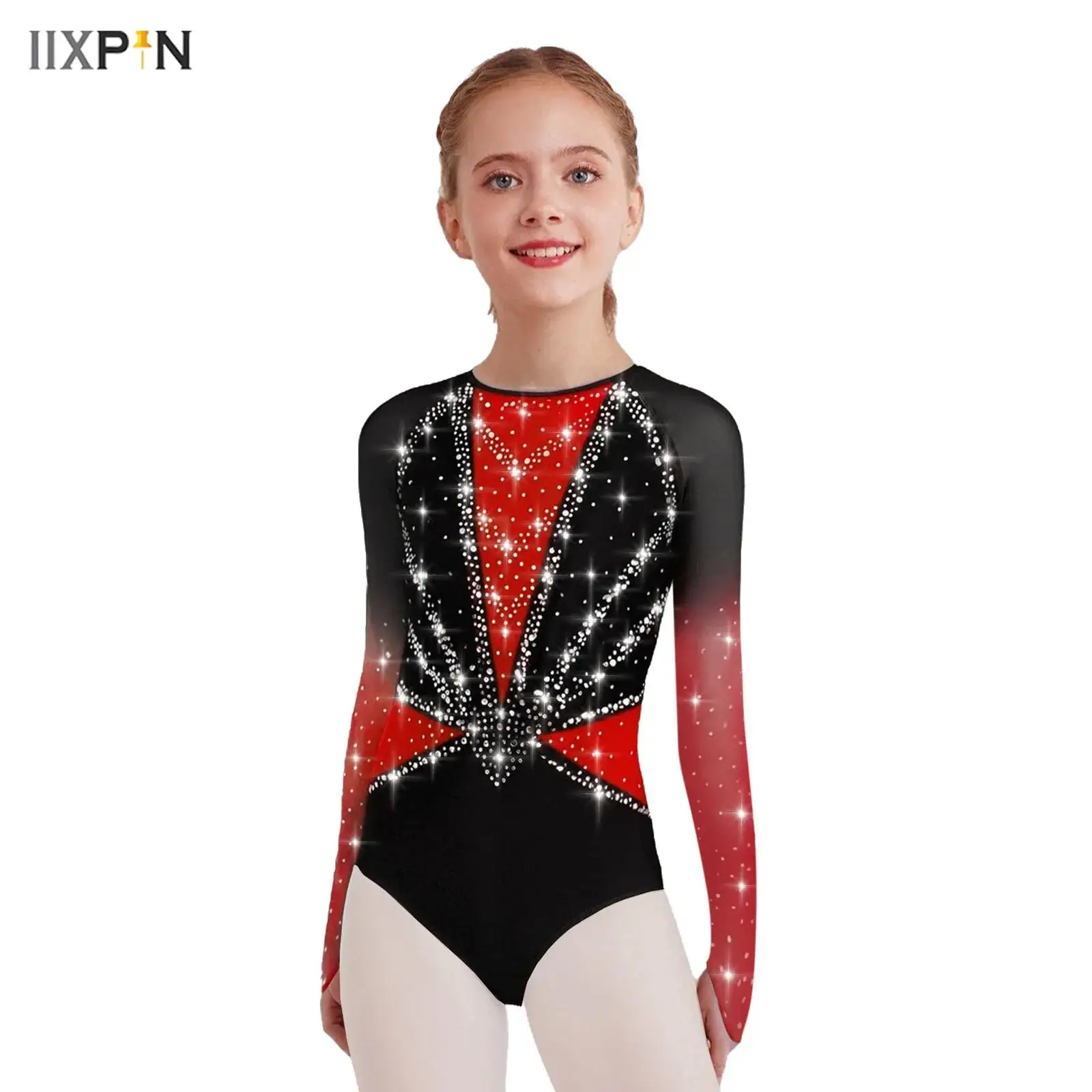 

Kids Girls Gymnastics Leotard Sheer Mesh Long Sleeves Keyhole Back Shiny Rhinestones Color Block Bodysuit Ballet Dance Leotard