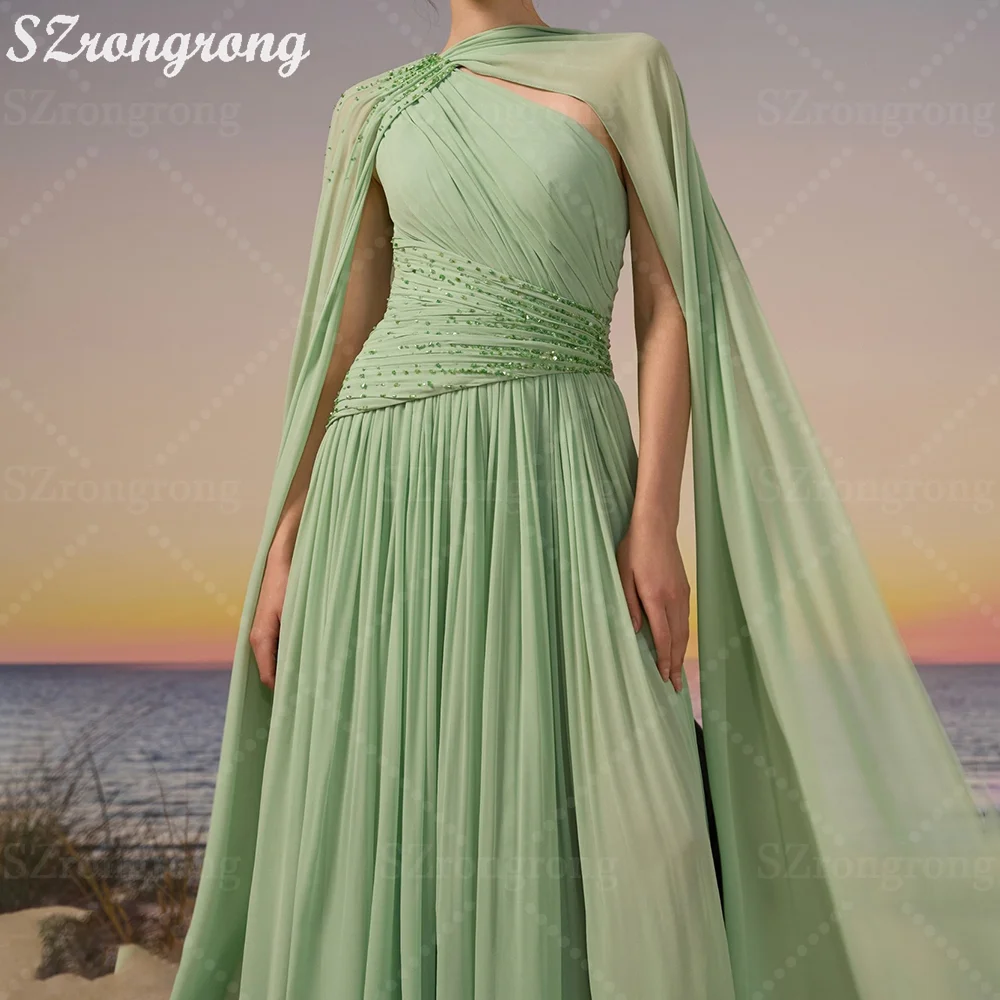 Op maat gemaakte charmante chiffon geplooide gelaagde avondjurk met één schouder Jersey A-lijn backless maxi kralen Saoedi-Arabische jurk