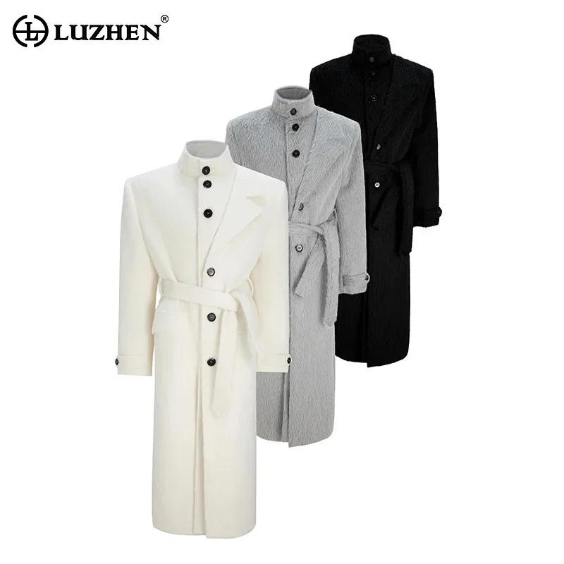 

LUZHEN 2025, новинка зимы, однотонный пояс с завязками на талии, ветровка длиной до колена, мужская мода, элегантный красивый плащ JY5451