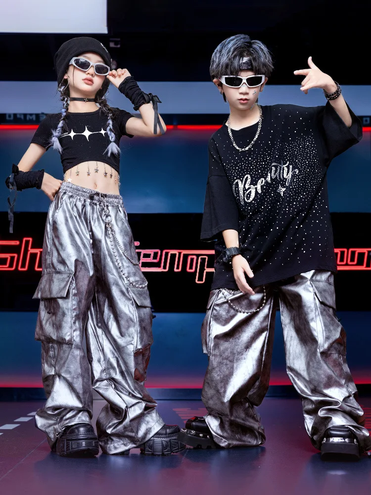 

Kid Kpop Hip Hop Clothing Black Stoned Star Crop T Shirt Silver Tie Dye Parachute Cargo Pants for Girl Boy Dance Costume Clothes