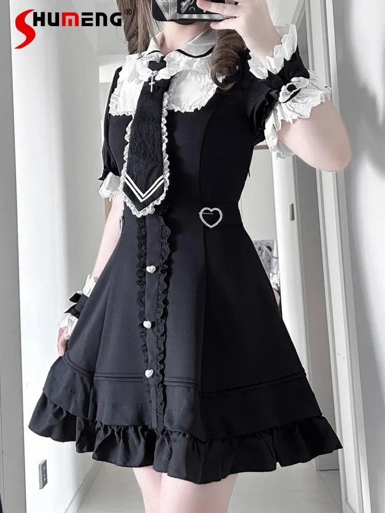 

Japanese Mines Style Mass-Produced Doll Collar Puff Sleeve Heart Single-Breasted High Waist Slim A-Line Short Dress Women Summer