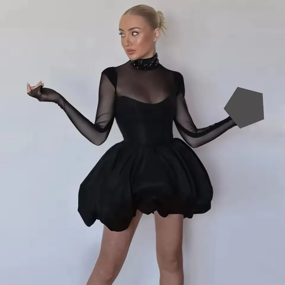 

2025 Sexy Black Tulle Long Sleeve Short Prom Party Dresses Sheer Stretch Women Cocktail Gown Mini Special Occasion Dress Bubble