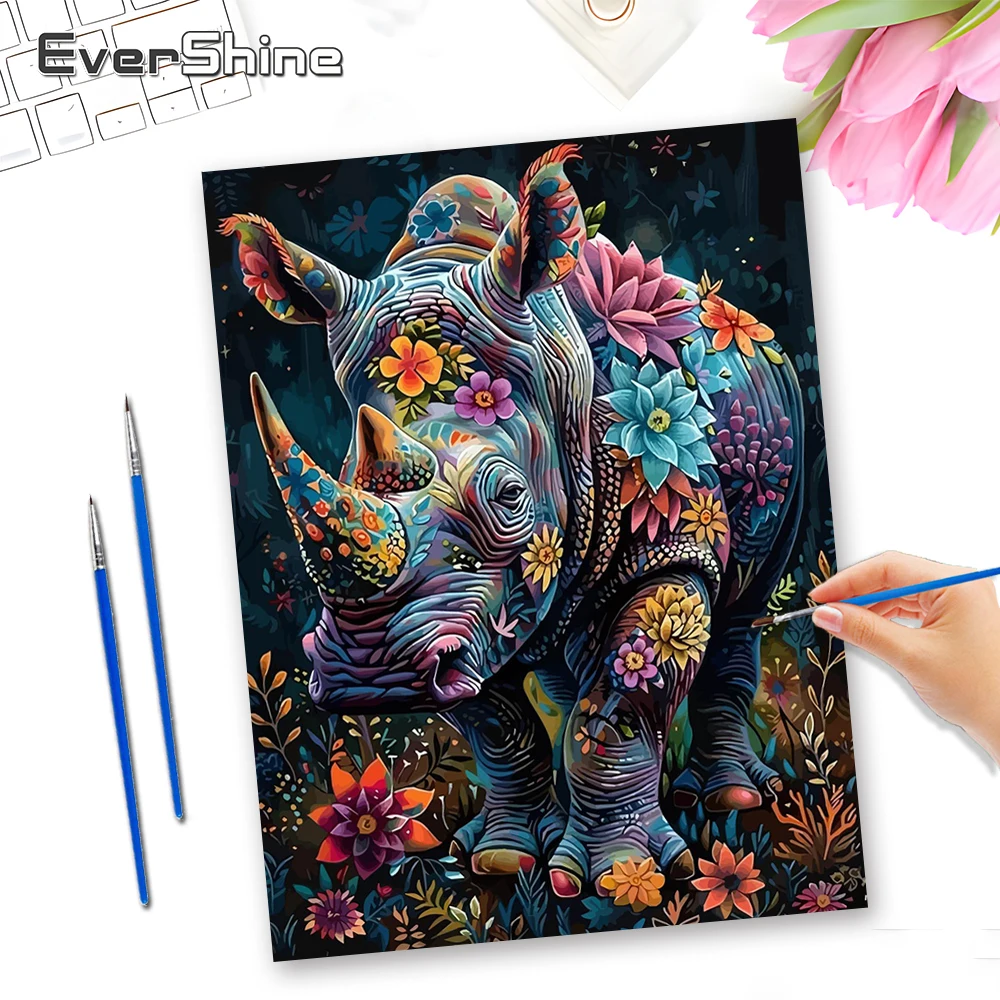Evershine Malen nach Zahlen Set Nashorn Kunst Tier Zeichnung Ohne Rahmen Neuheiten Zahlenmalerei Blumen Wanddekoration