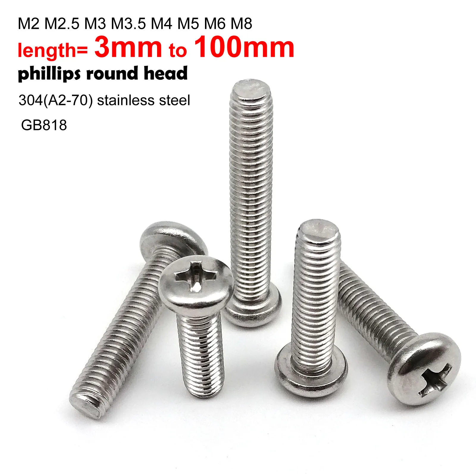 2/10/50pcs M2 M2.5 M3 M3.5 M4 M5 M6 M8 Long GB818 A2 304 Stainless steel Cross Round Phillips Pan Head Screw Bolt length=5-100mm